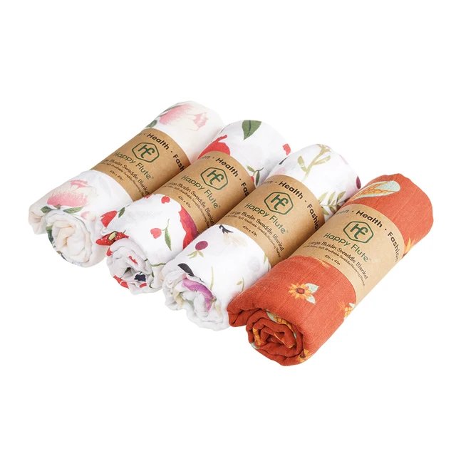 Happyflute Customized print Baby Swaddle Blanket Swaddle Wrap Soft Silky 100% cotton Muslin Swaddle Blankets Neutral
