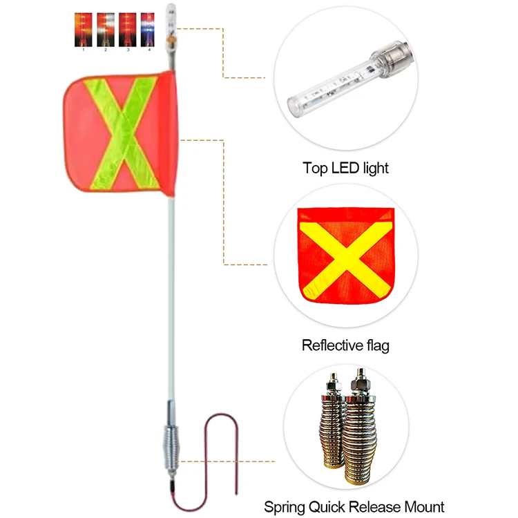 Customized Heavy Duty Mining Safety Whips Flag Pole Light With Spring Antenna Used In Mine Site For Warning Led Whip