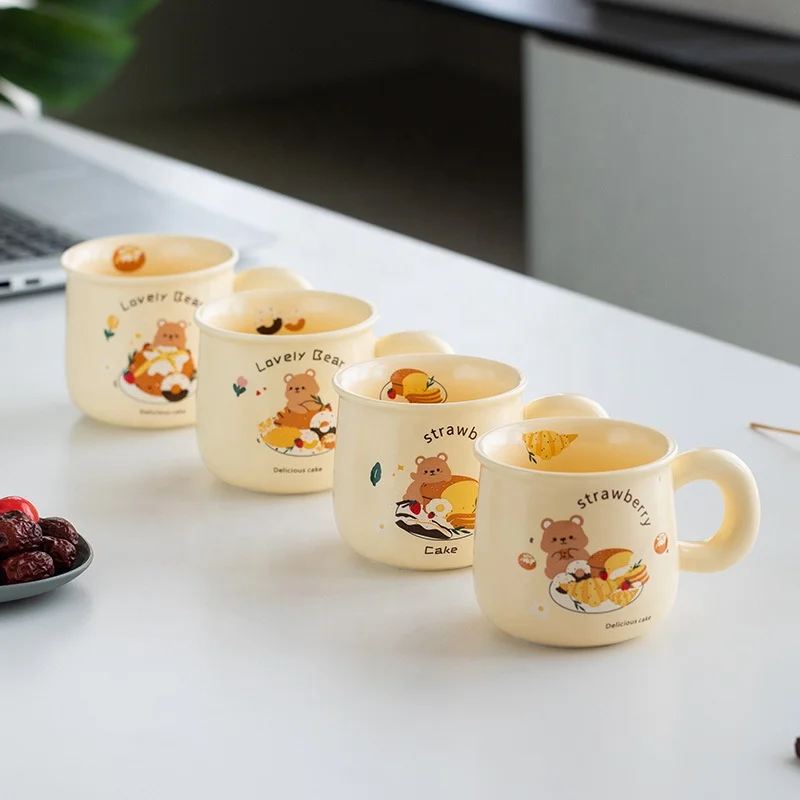 Cute Morning Coffee Mug 395ml/14oz Kawaii Bear Pattern Household Ceramics Latte Milk Tea Cup for Boys Girls Kids  Home Family
