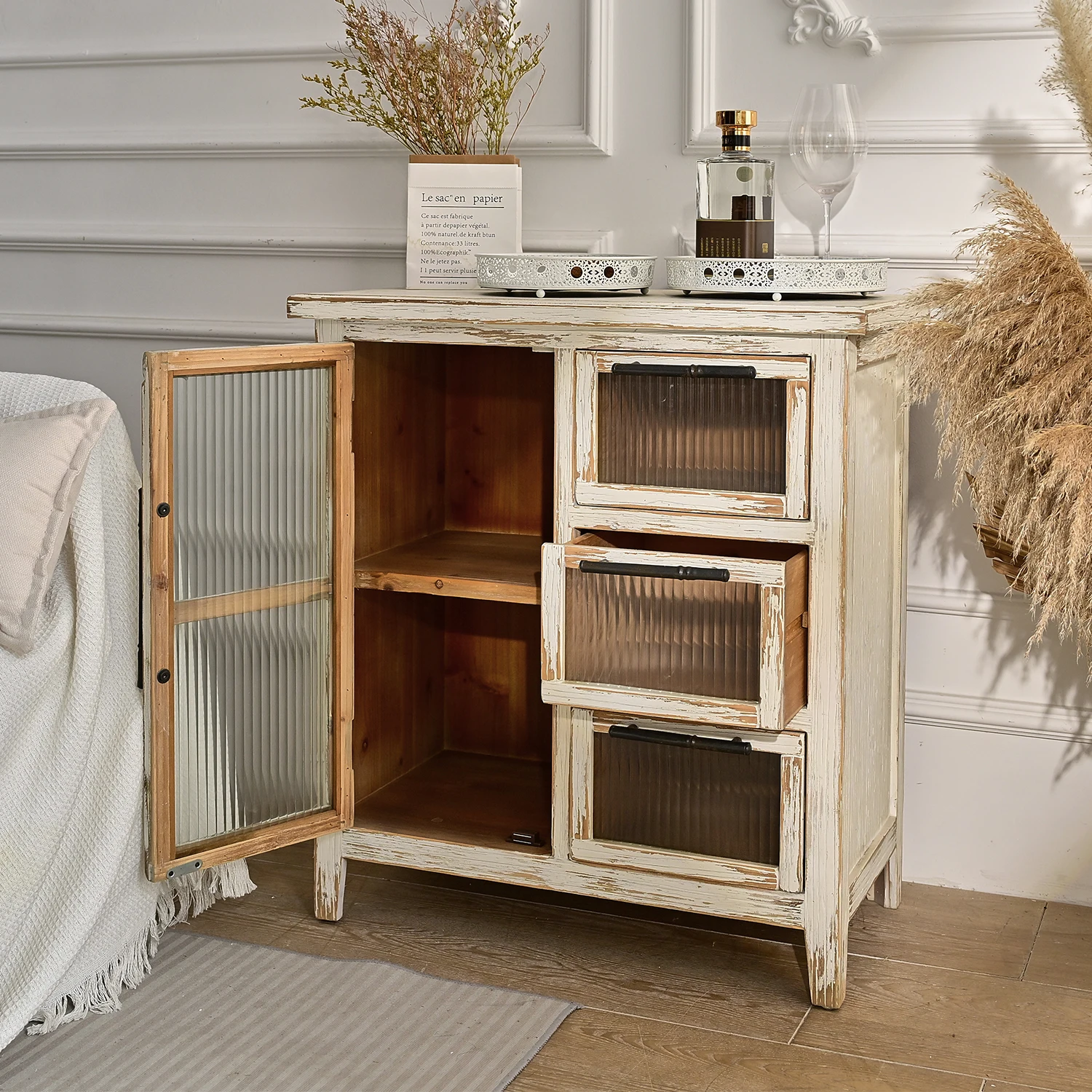 INNOVA Solid Wood Sideboard Rustic White Storage Drawers Glass Door Farmhouse Living Room Accent Cabinet Home Hotel Kitchen Use