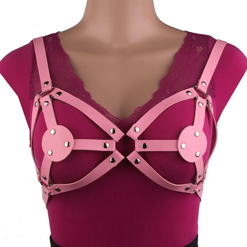 Leather Neck Collar Open Breast Bondage Body Harness Crop Top Cage Bra Gothic Punk Style For Women