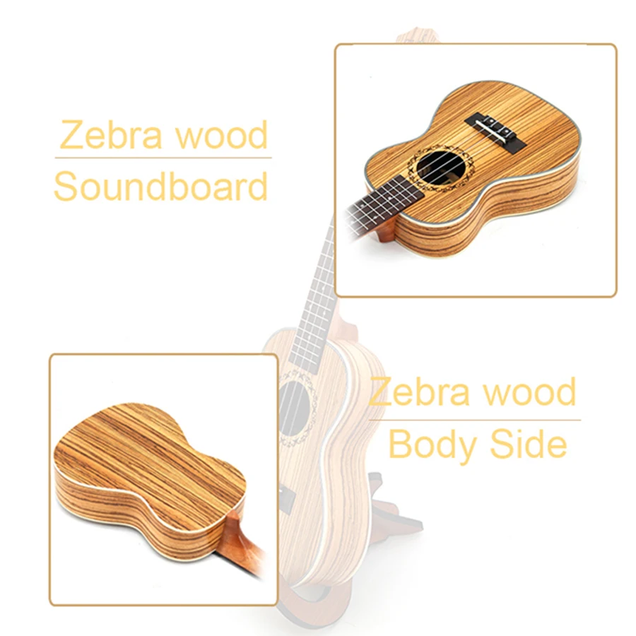 2020 Hot Sale Engraving Ukulele Concert 23 Inch koa Ukulele Zebra Wood China Baritone Ukulele Tonor