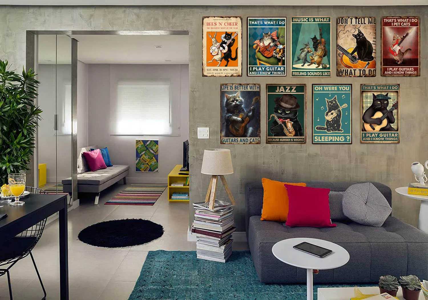 comics Funny Cat Guitar custom logo antique retro metal plate ecor coffee vintage tin sign metal metal sign vintage chainsaw