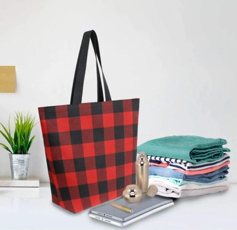 Large Grocery Shopping Bag Plaids Reusable Canvas Tote Bag Casual Beach Shopping Tote Heavy Duty Washable Shoulder Bags Handbag