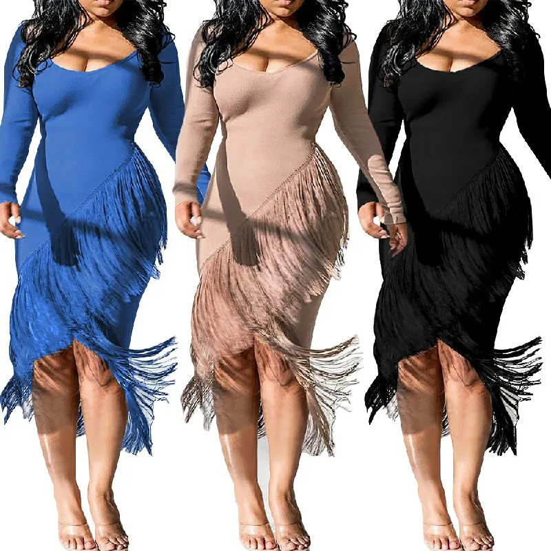 Fashion Tassel Hem Dresses Women Irregular Hem High Low Winter Long Sleeve Maxi Dress