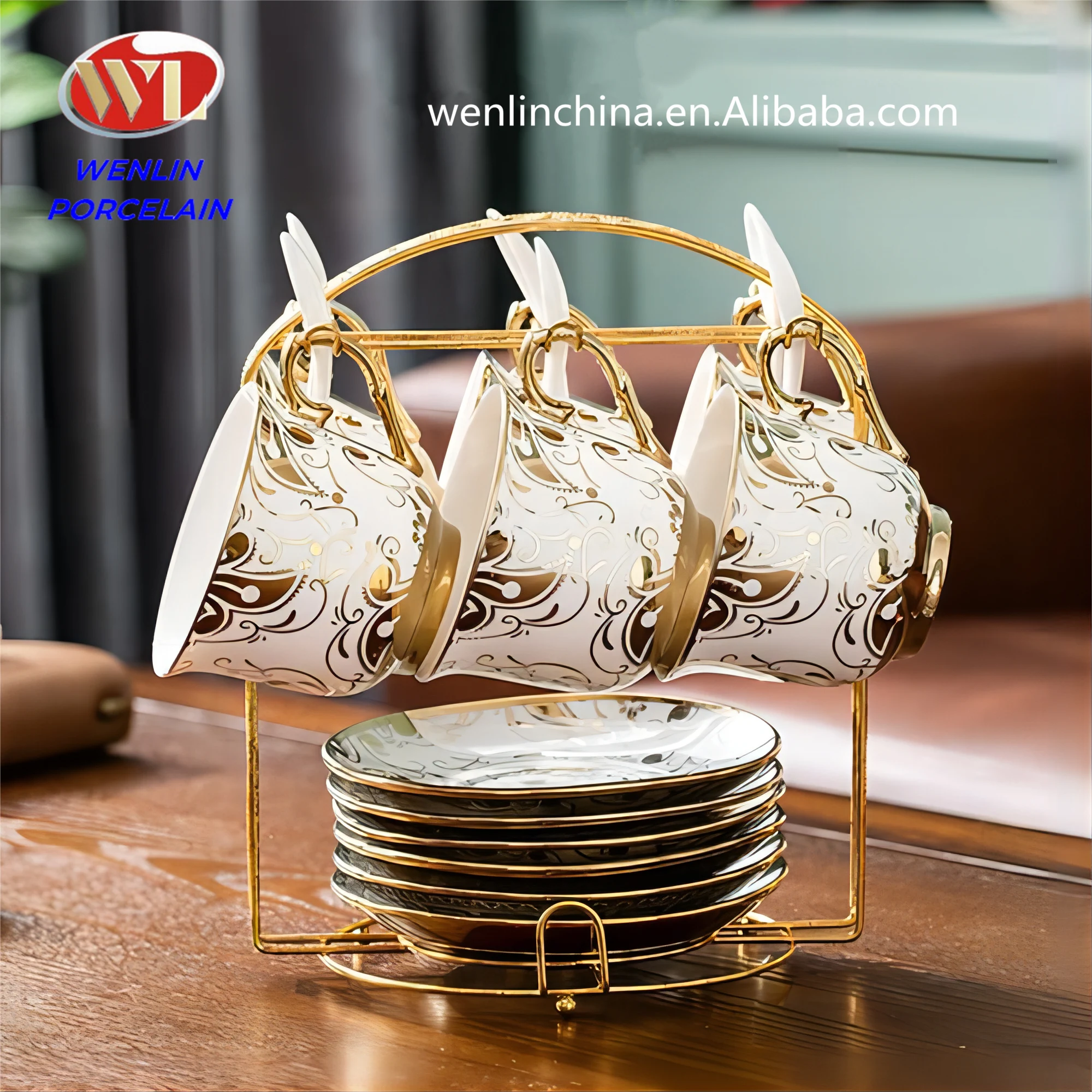 13pcs Coffee  and Tea Set with Mental Stand Wholesale High Quality Arabia Golden Cup and Saucer Turkish Ethiopian Tea Set Mug