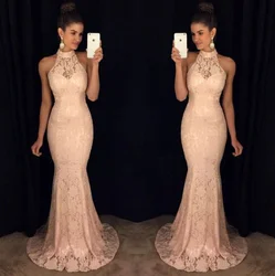 Sleeveless hanging neck mermaid dress female Amazon bridesmaid dress wedding lace evening dress