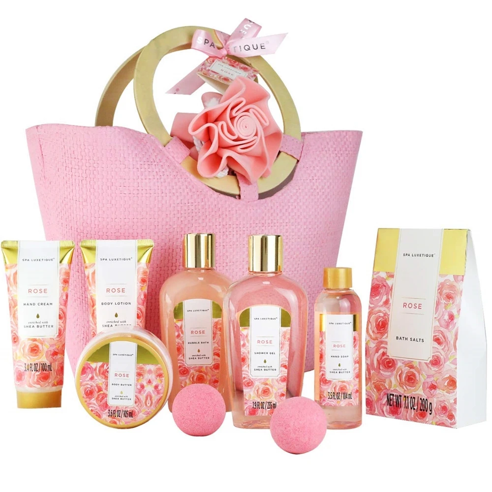 & for Women, Rose Fragrance Spa in Weaved Gift Basket, Set with Bath Salts, Body Butter