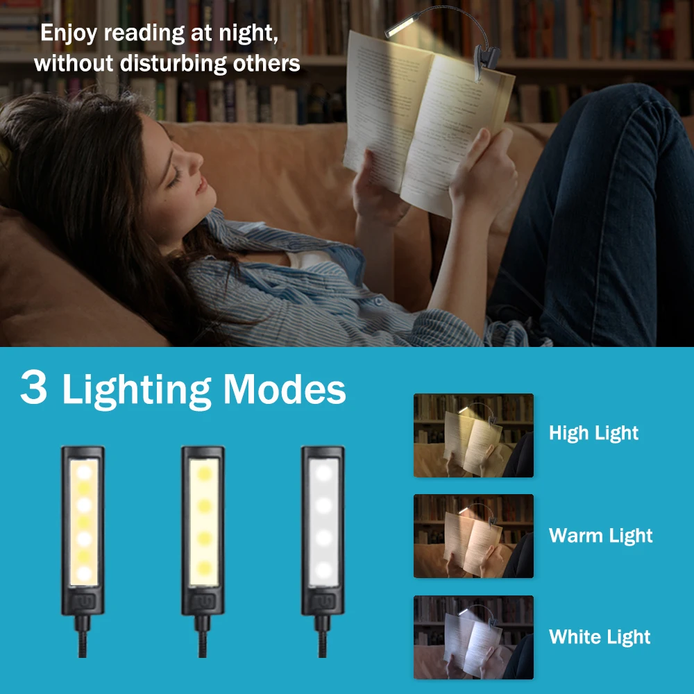 O08-0033 9 LED USB аккумуляторная лампа для чтения гибкая легкий зажим с 3 настройками