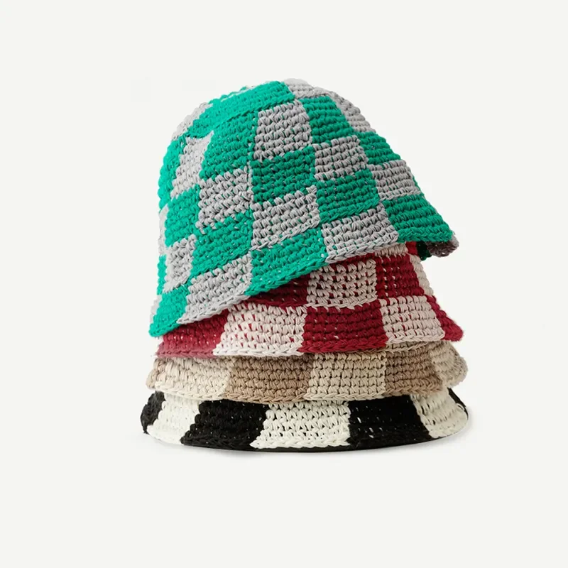 Custom colorful ladies hand made crochet fisherman cap hat chunky checkered knitted crochet bucket hat