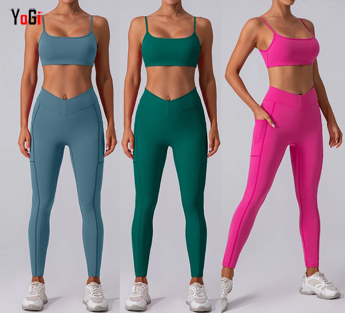Girl Stretchy Exercise Nylon Spandex High Waist V Cut Shape Waist Fitness Sports Gym Yoga Leggings With Pocket Bra Set For Women