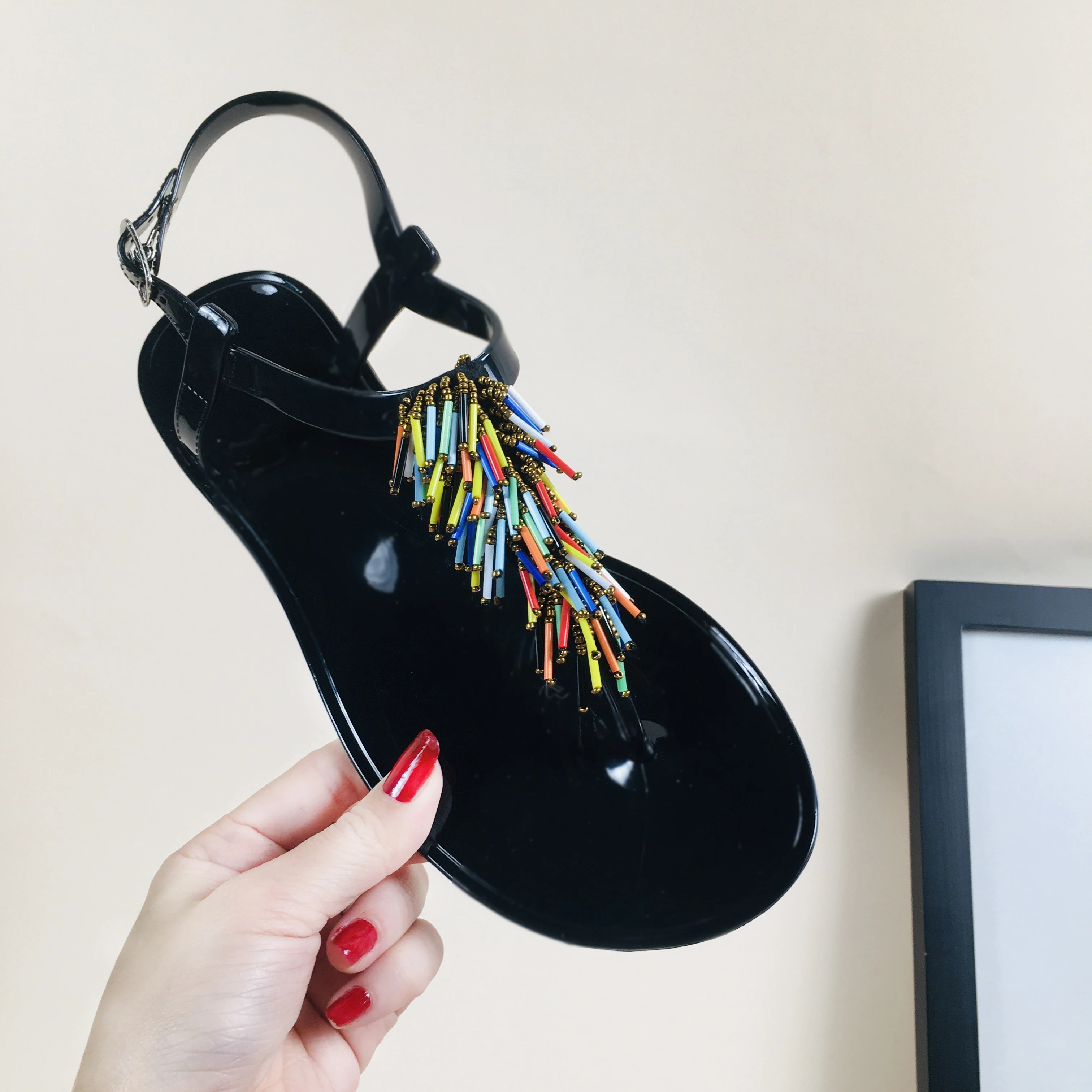 2022 Summer Custom Pudding Sneaker Rhinestones Wholesale Luxury Beach Platform Pearl Pvc Flat Handmade beaded Jelly Shoes