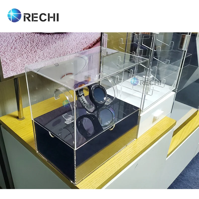 RECHI Custom Clear Acrylic Smart Watch Retail Display Stand Showcase For Three Luxury Wrist Watches Lucite Storage Display Box