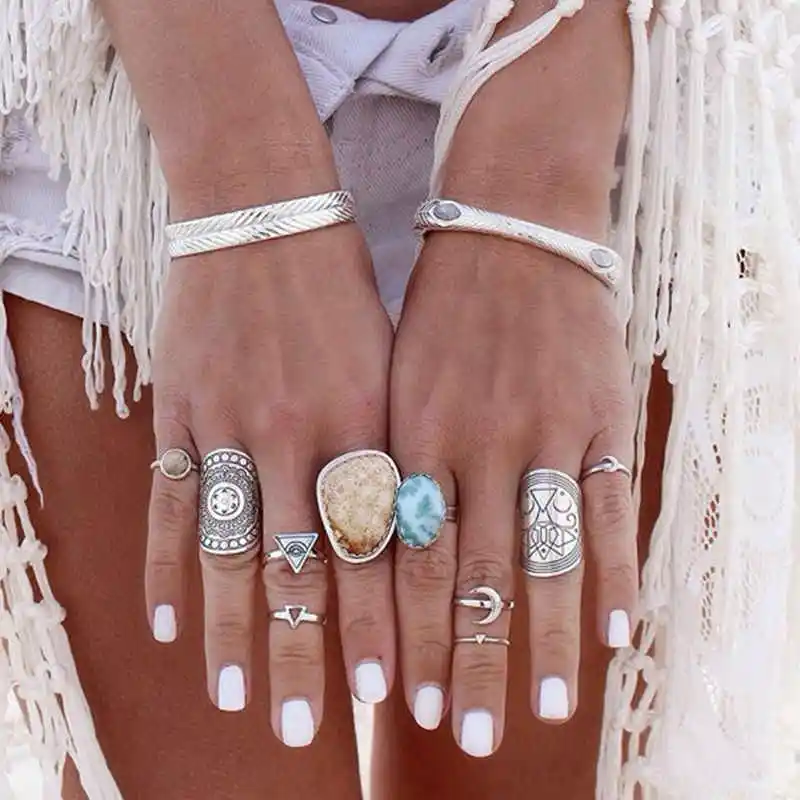 5 шт. кольцо Античная тибетский серебряный Gypsy кольца Бохо для женское платье в ретро стиле Турецкая ювелирные изделия aneis anillo