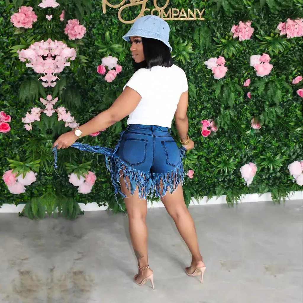 Low Waisted Long Tassels Ladies Denim Shorts Customized Pink Purple Multicolor Denim Shorts Logo Stretch Skinny Denim Shorts