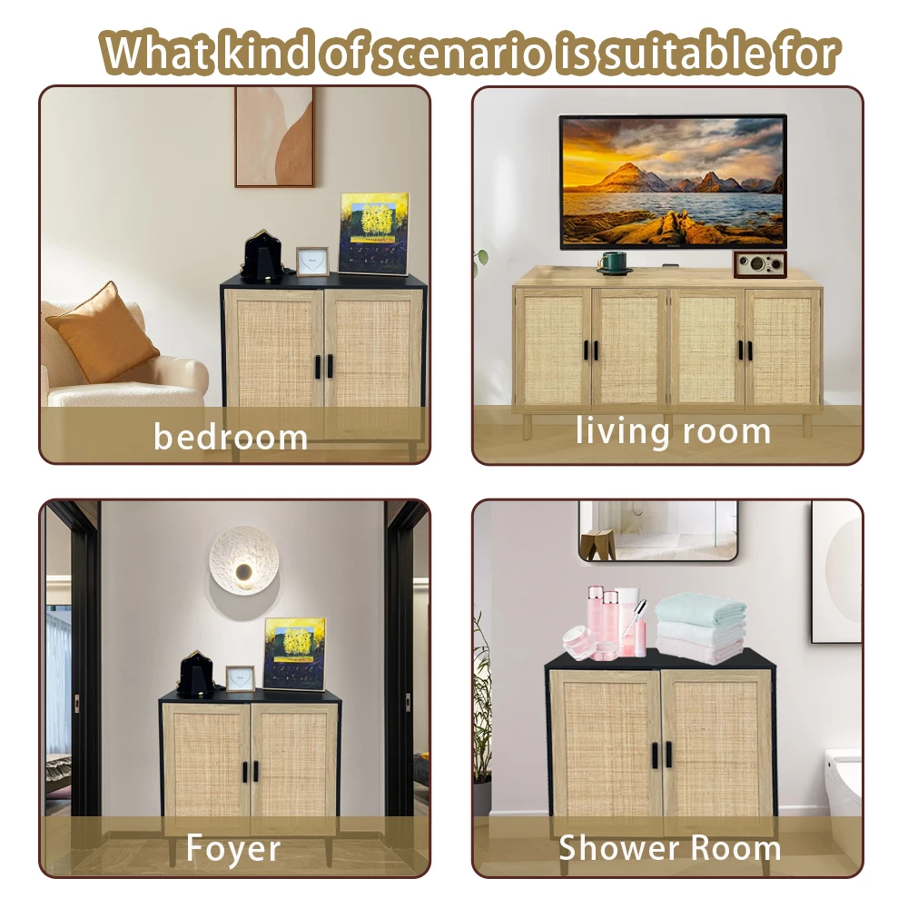 Youlike Customized Solid Wood Buffet Cabinet Sideboard Storage with PE Rattan Decor Doors