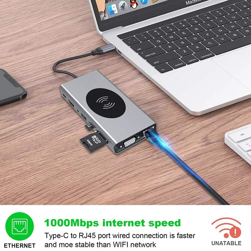 Многофункциональный 15 в 1 Usb-c концентратор к Usb 3 конвертер адаптер Беспроводное зарядное устройство Тип C