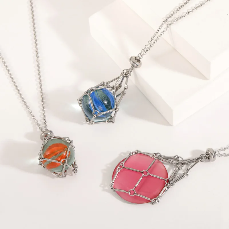 Wholesale stainless steel mesh chain necklace Silver/gold string bag necklace Natural crystal mesh bamboo necklace