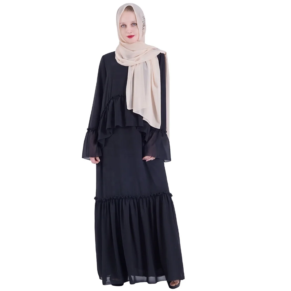 2021 New Scallop False 2-piece Middle East Arabic Long Sleeve Ladies Islamic Clothing Robe Women Modest Abaya Muslim Dress