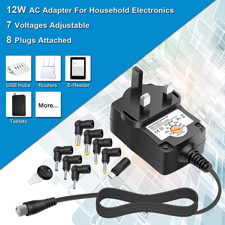 12W Universal Multi Voltage AC/DC Adapter Switching Power Supply with 8 Tips Adapter Plugs Suitable for 3 V to 12 V Device