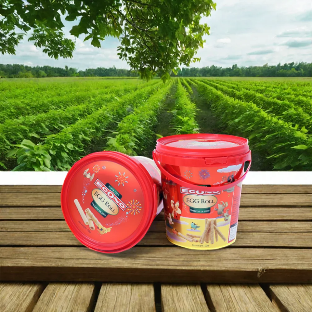 Custom round Printed Logo Color Plastic Bucket with Lid Candy Food Packaging Bucket with Handle for Gasoline or Paint Use