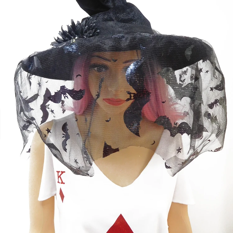 
Style Witch Hat Type Halloween Party Hats And Fascinators With Bat Printing And Flower 