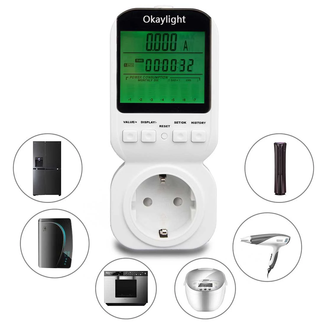  Okaylight потребление электроэнергии монитор высокой точностью цифровой многофункциональный счетчик энергии большой ЖК-дисплей 16A 3680W