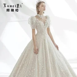 Puff Sleeves Satin Bridal Wedding Dress Muslim Mermaid Bridal Gowns Wedding Dress Champagne Wedding Gowns Dresses Bridal