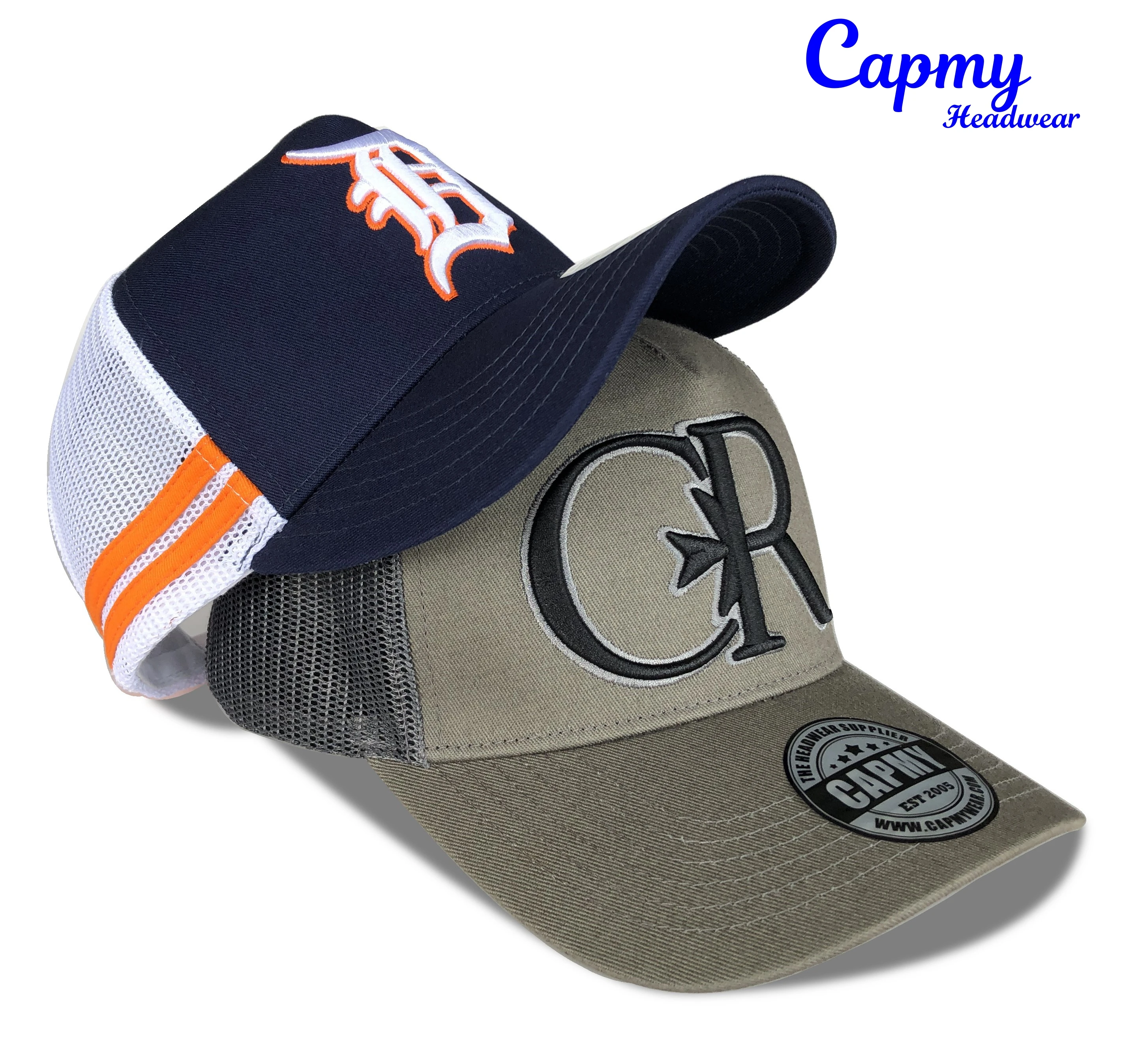 Customised Australia High Profile Embroidery Blue Logo Blue Mesh Trucker Cap Hat 5 Panel Country Trucker Cap With Side 2 Stripe