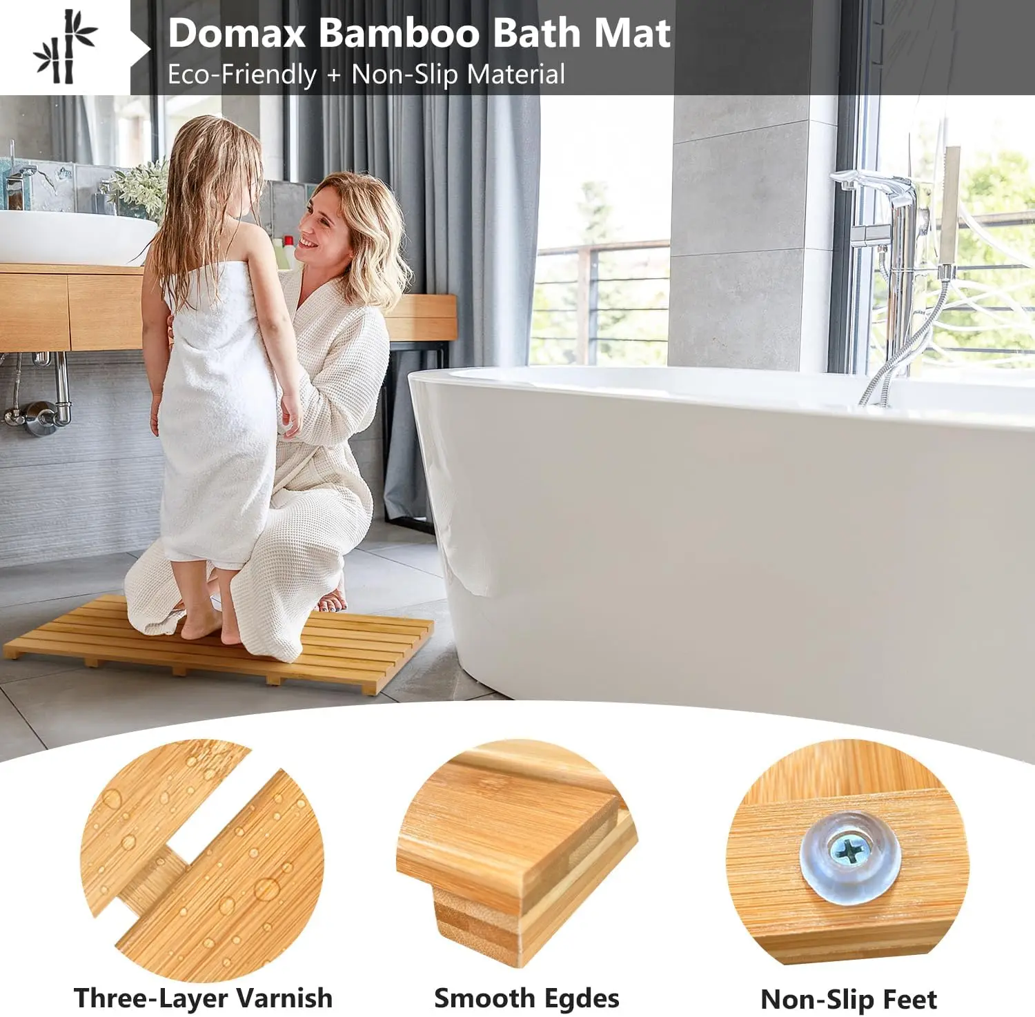 Bamboo Bath Mat for Bathroom Non-Slip Bamboo Sturdy Water Proof Bathroom Carpet for Indoor or Outdoor Use