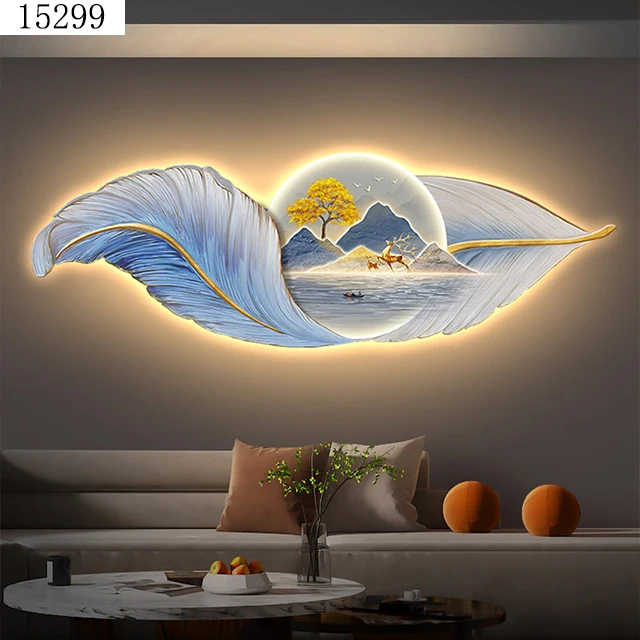 Feather mural with light diamond paintings laser engraving crystal porcelain painting wall art home decor