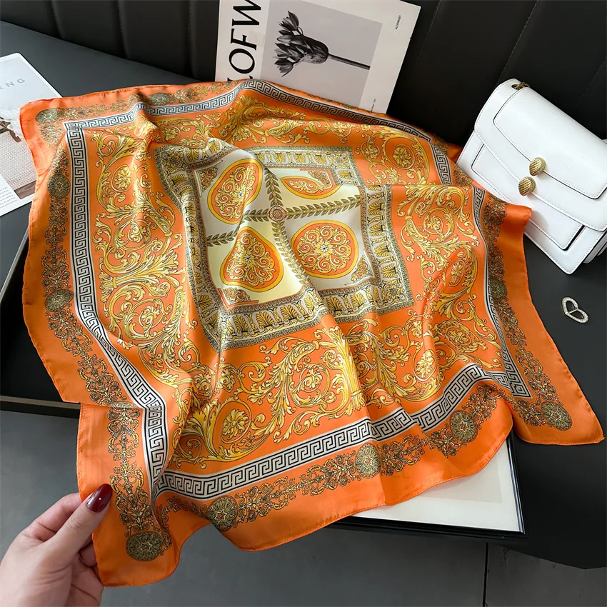 Factory OEM ODM 70x70cm Square Neck Scarf Head Hairband Kerchief Wonderful Letter Printed Imitated Silk Scarves for Women