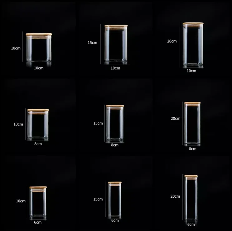 Custom 650ml 1050ml 1350ml Sealed Square Glass Jar with Bamboo Cover Kitchen Storage Bulk Food Containers