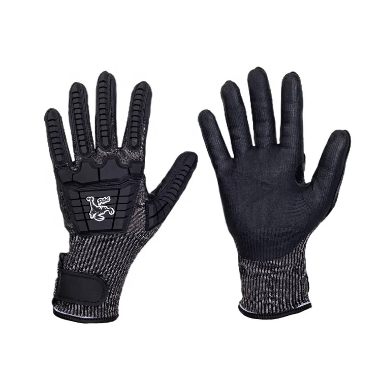 Black HPPE Anti-Impact Safety Gloves Coated Foam Nitrile Palm Thumb Crotch Reinforced TPR Back and Fingers Mechanical Anti-Cut