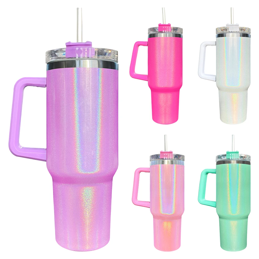 Wholesale 40oz ombre gradient shimmer holographic glitter blank sublimation mugs ombre shimmer 40oz tumbler with handle
