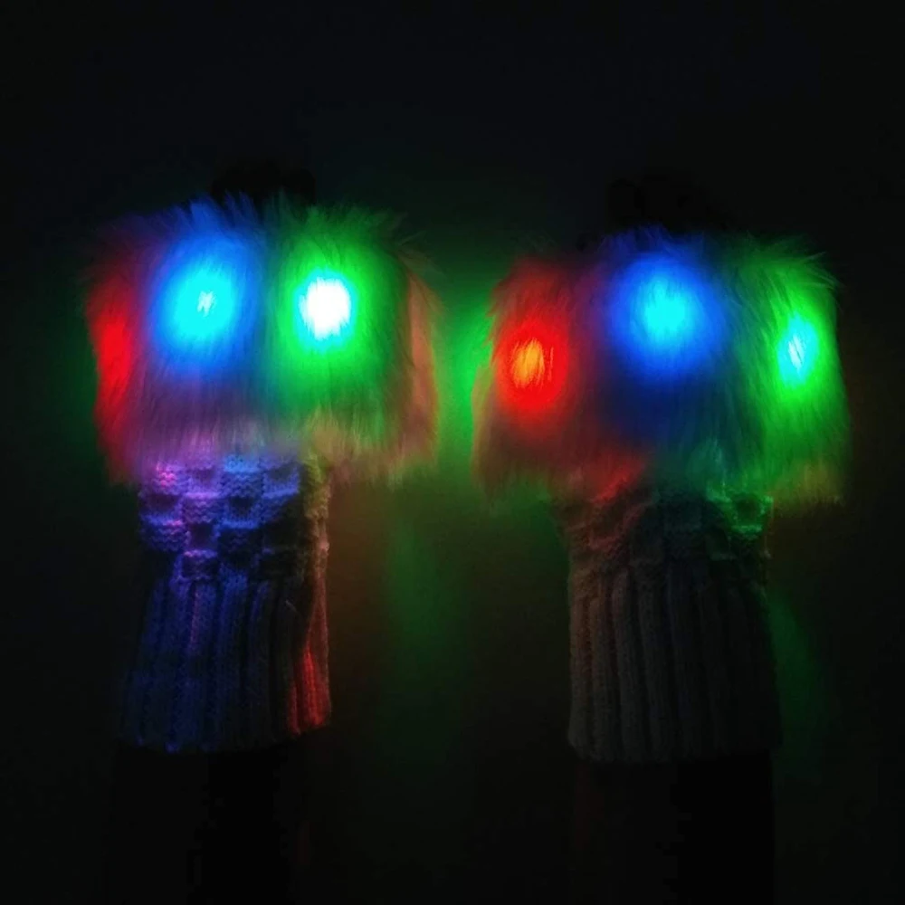 Glow Blink Fur Fingerless Knit Gloves - Funny Light Up Mitten for Party Christmas Halloween Costume