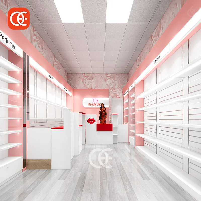 Pink Cosmetic Store Design Beauty Hair Products Display Shelves For Retail Store With Light Beauty Supply