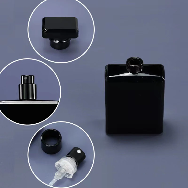 Empty 50ml 100ml Square Black Glass Perfume Bottle Packaging with Crimp Seal Cap