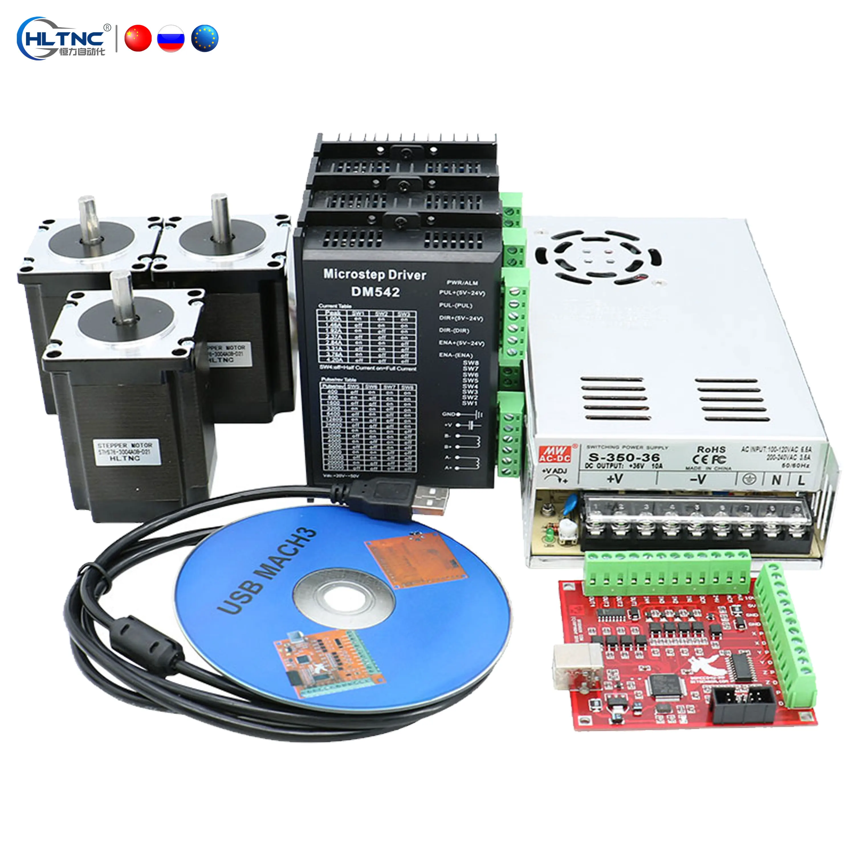 CNC DC stepper motor kits  3pcs DM542 driver+ 3 pcs Nema23 76mm 2m  motor+1 set MACH3 +1 pcs 350W 36V HLTNC power supply for CNC