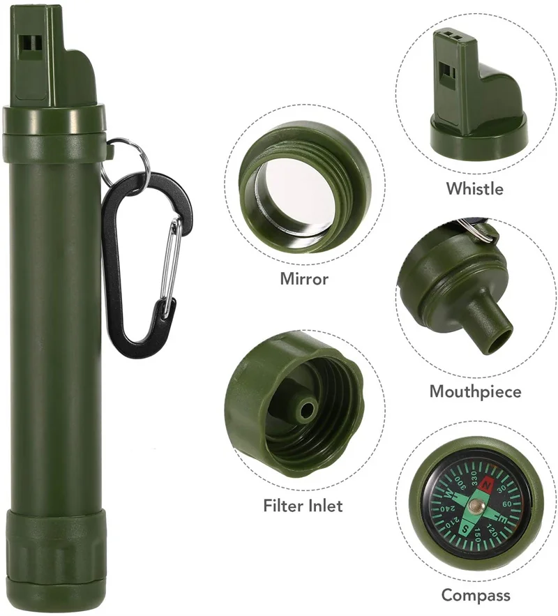 1500L Water Filter Straw Portable Water Purifier with Compass Function for Outdoor Camping Travel Hiking Support Logo