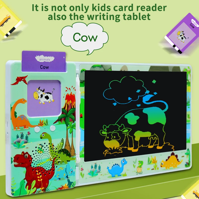 2-in-1 Montessori Educational Learning Machine LCD Writing Drawing Tablet Autism Sensory Toy English Talking Flash Cards for Kid