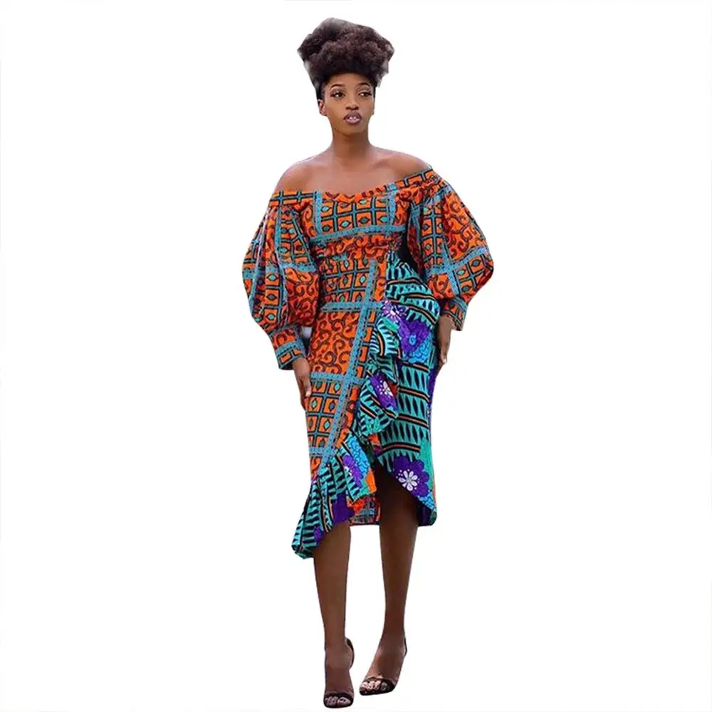 
African ethnic style explosion style collar collar lantern sleeves high waist slim ruffle irregular sexy nightclub dress 