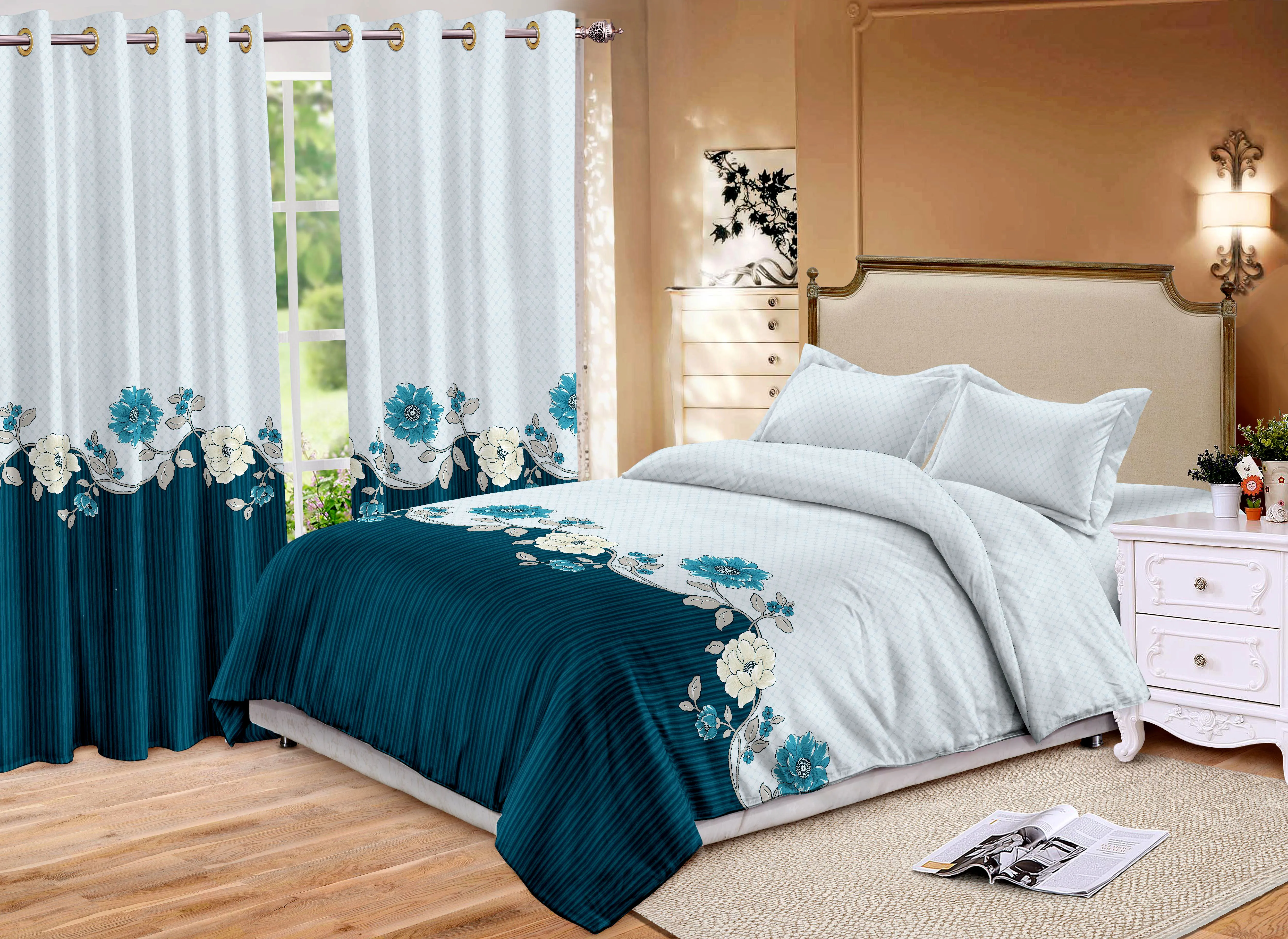 African Style Custom multi size Polyester Sheet and Curtain Matching Set 6pcs