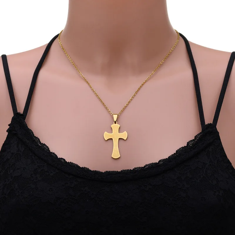 Christian Jesus Engraved 18K Gold Plated Stainless Steel Cross Pendant Charm Faith Based Necklaces Fashion Jewelry Wholesale