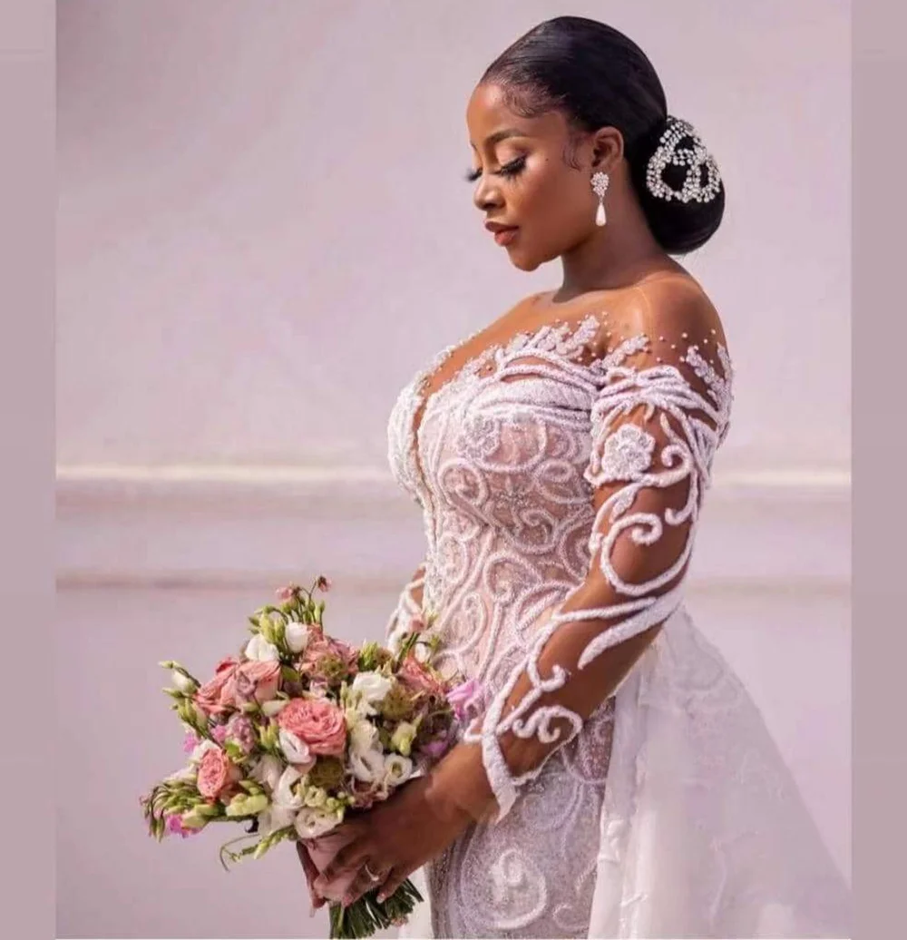 New Design Beading African Wedding Dresses Long Sleeve Sheath Bridal Gowns With Detachable Tail