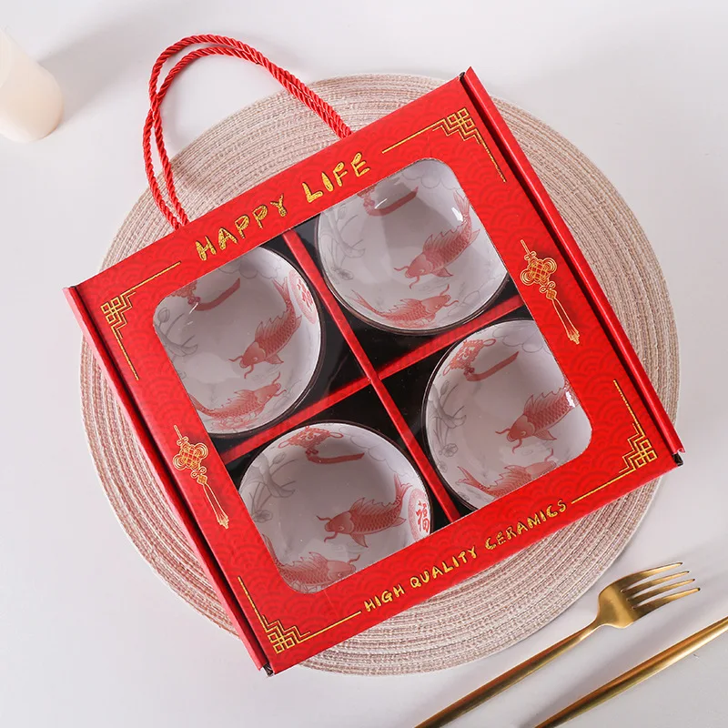 Fortune Cat 4.5inch Ceramic Bowls with Chopsticks Set Porcelain Rice Bowl For Gift Giveaways OEM LOGO