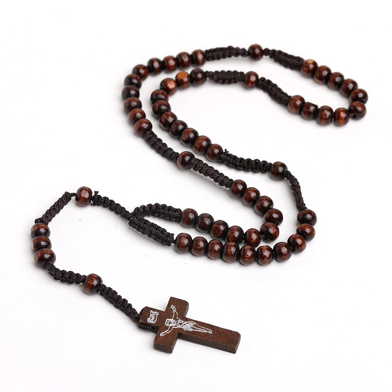 Catholic Rosary Necklace Jesus Cross Pendant Natural Wood Beads Jewelry Religious Easter Christian Prayer Beads Necklace Gifts