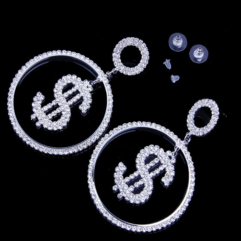2022 Statement Wholesale Bling Crystal Dollar Money Sign Wide Hoop Earrings