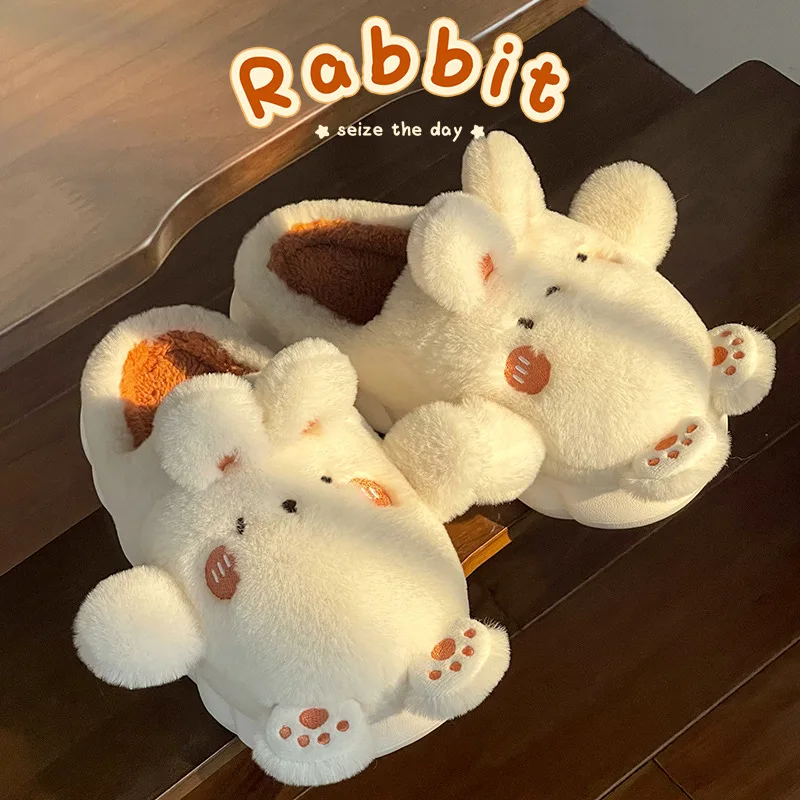 Cartoon cute rabbit fluffy slippers winter indoor home thickened non-slip soft sole bedroom plush slippers women
