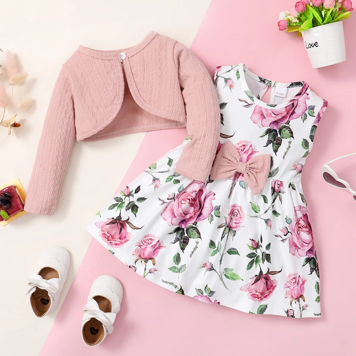Sunny Baby 2023 Spring and Autumn New Kids Clothing Pink Long Sleeve Top + Bow Floral Dress Toddler Girls Two-piece Set